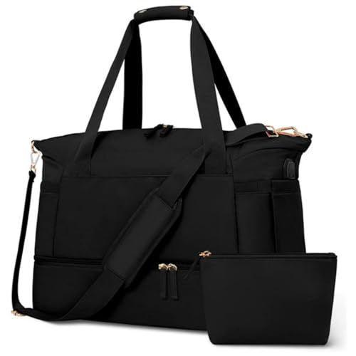 Loncheras Y Termos, Sports Bolsa de Fitness, KCB Bolsa de Viaje Deportiva con Puerto de Carga USB, Bolso Unisex Gimnasio con Diseño Separado en Húmed y Compartimento para Zapatos, Negro