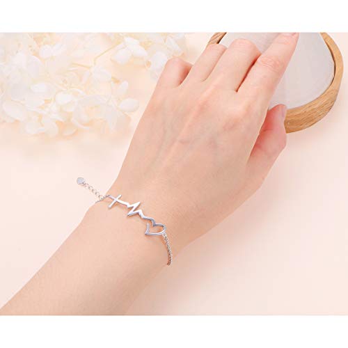 DAOCHONG S925 Sterling Silver Faith Hope Love Cross Lifeline Heart Adjustable Chain Bracelet for Women Christian Jewelry Easter Gifts, 7" + 2"2