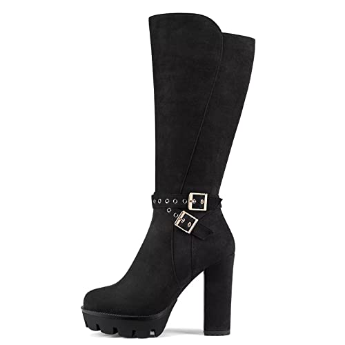 DearOnly Women Chunky Block High Platform Heel Round Toe Mid Calf Boots Zipper Party Dress 4.7 Inches Heels2