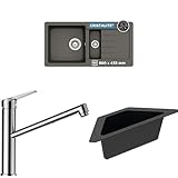 SCHOCK® Küchenspüle Typos D-150S Asphalt 86x43,5 cm - CRISTALITE® Grau | Küchenarmatur METIS Chrom – Hochdruck Armatur mit ausziehbarer Schlauch-Brause | Eckschale in schwarz I Spülbecken Zubehör