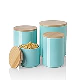 Sweejar Kitchen Canisters Ceramic Food Storage Jar Set, Stackable Containers with Airtight Seal Wooden Lid for Serving Ground Coffee, Tea, Herbs, Grains, Sugar, Salt - Set of 4 (Turquoise)