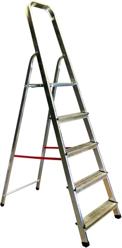 Escalera Pequeña Plegable Aluminio de 5 Peldaños Taburete Extensible Escada Ligera Escadote Step Ladder Domestica y Trabajo Profesional Telescópica Multifuncion con Cinta de Seguridad de 1.2 Metros