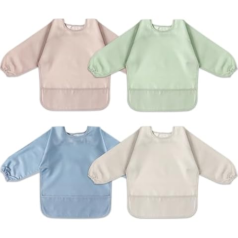 POIKSHARK 4 Pack Long Sleeve Bib, Waterproof Sleeved Smock for Baby Boy or Girl, Toddler Full Sleeve Bib Outfit, Reusable Bib with Pocket, Fits Ages 6-24 Months Cover