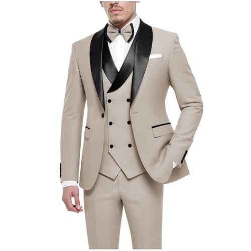 HUUTOE Men's 3 Piece Suits Slim Fit Tuxedo Wedding Formal Prom Suit Double Breasted Shawl Lapel Tux Set with Bow Tie