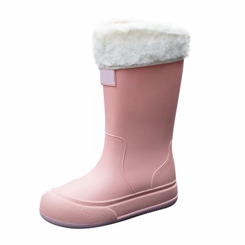 SRTUMEY Women's Warm Plush Fur Lined Rain Boots Knee High Wellies Women Festival Wellies Rain Boots Ladies Waterproof Anti Slip Wellies Garden Shoes Size 6 Pink