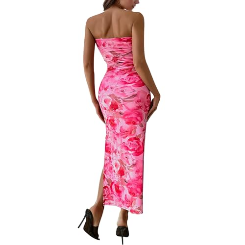Image of Women's Tube Top Maxi Dresses Printed Tie Dye Strapless Bodycon Long Dress Split Side Sleeveless Party Elegant Outfits