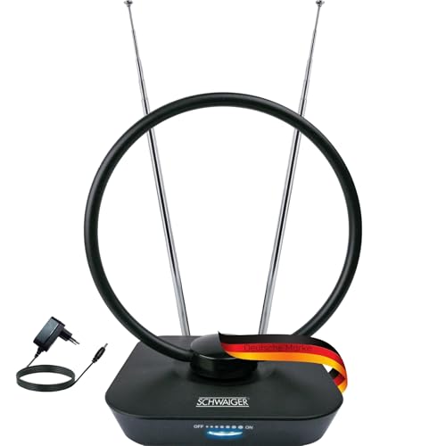 SCHWAIGER DVBT2 Antenne TV Zimmerantenne mit Verstärker 36dB Innenantenne aktiv Empfang Fernseher DVB-T DVB-T2 DAB+ Teleskopantenne LTE-Sperrfilter 1,5m Anschlusskabel HDTV HD digital