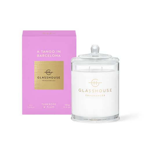 Glasshouse Fragrances A Tango in Barcelona Candle, Triple Scented Natural Soy Wax Blend, 2 Wicks & Glass Jar, 65 Hour Burn Time, Tuberose & Plum, 13.4 Oz (380g)