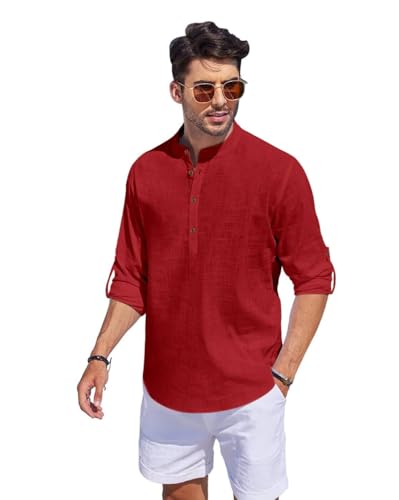 Image of Men's Cotton Blend Straight Kurta Shirt with Mandarin Collar - Slim Fit Casual Short Kurti Featuring Textured Slub Fabric and Roll-Up Full Sleeves