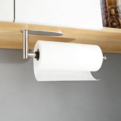 Image of Single Hand Operable Paper Towel Holder Under Cabinet with Damping Effect, Self Adhesive Paper Towel Roll Holder Wall Mounted for Kitchen Bathroom, SUS304 Stainless Steel Brushed Nickel