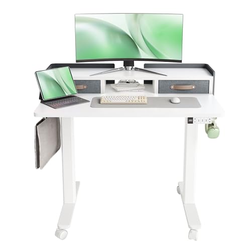 Image of Claiks Standing Desk with Drawers, Adjustable Stand Up Electric Small Standing Desk Adjustable Height with Storage Shelf and Splice Board, 40 Inch, White
