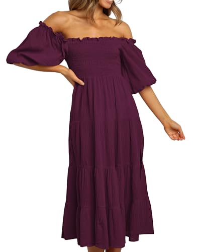 Image of R.Vivimos Women's Summer Cotton Lantern Sleeves Ruffled Off Shoulder A-Line Midi Dresses