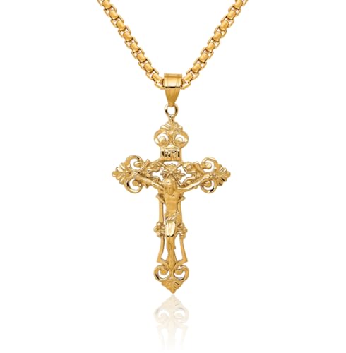 IceCarats 14K Solid Yellow Gold Inri French Fleur De Lis Lily Flower Lord Jesus Christ Crucifix Holy Cross Necklace Religious Chain Pendant Charm