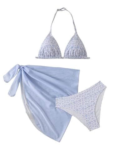 SOLY HUX Girl's Summer Swimsuit Set Floral Halter Triangle Bikini Set with Wrap Skirts Beachwear