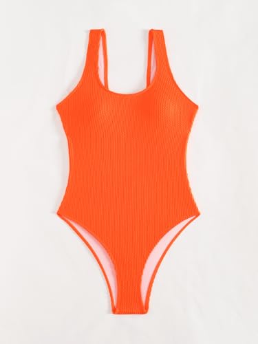 Image of Limeeke Women One Piece Swimsuit Solid Ribbed Monokini Swimwear Scoop Neck Low Back Bathing Suit