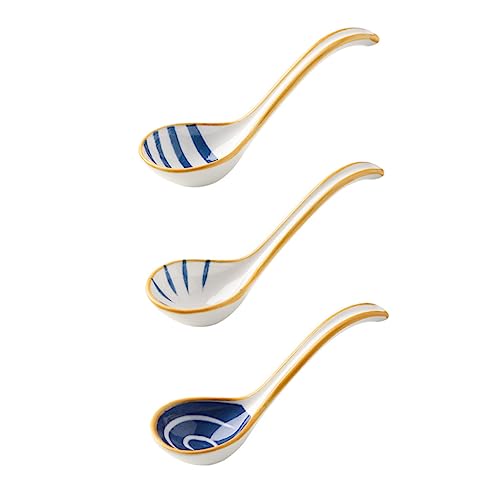 3Pcs Japanese Ceramic Soup Spoons Elegant Long Handle Kitchen Ramen Pho and Dumpling Dishes Scalding Tableware