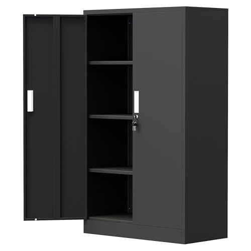 Image of JINKUR Metal Storage Cabinet with Locking Doors and 3 Adjustable Shelves, Lockable Storage Cabinets for Home Office Garage Kitchen Pantry (Black)