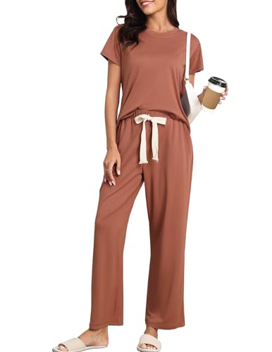 Womens Pajama Sets 2 Pieces Lounge Sets for women Short Sleeve Top with Long Pajama Pants Soft Sleepwear Pj Sets S-XL