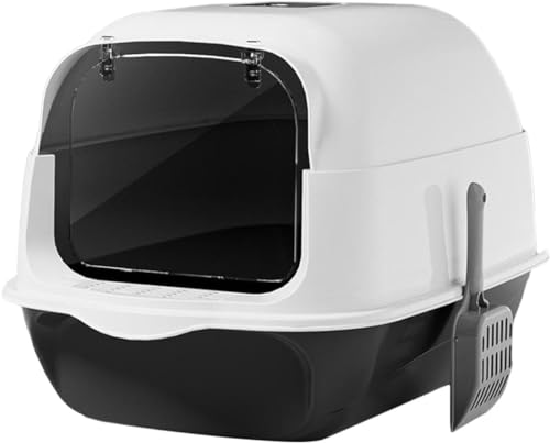 蓋付きフード付き猫トイレ、大型猫トイレペットトイレトレイ、耐久性のある取り外し可能な子猫トイレペットトイレ蓋付き, グレー (ブラック)