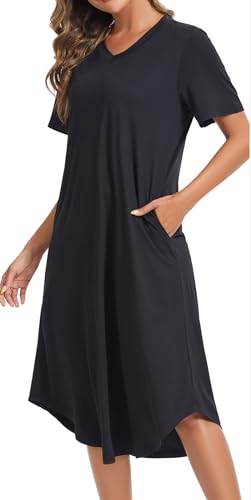 Image of Kabento Nightgowns for Women Cotton Short Sleeve Long Night Gowns with Pockets