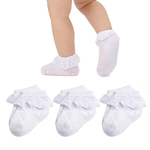 Image of Mini angel Baby Lace Socks Newborn Girls Eyelet Lace Ruffle Frilly Ankle Socks Soft Cotton Dress Socks with Box Gift Set,3 Pairs,White,0-3 Months
