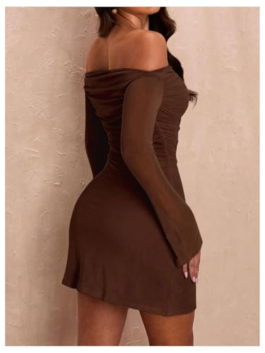 Image of SOLY HUX Women's Ruched Off The Shoulder Bodycon Mini Dress Long Sleeve Party Dresses