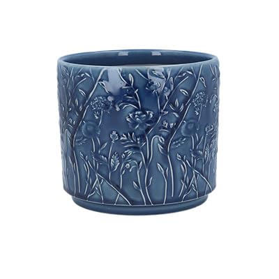 Gisela Graham Navy Blue Stoneware Plant Pot Cover, Blooms Pattern, 17cm x 15cm