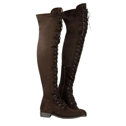 SACFOF Women's Over The Knee Low Heel Lace Up Tall Boots Thigh High Combat Casual Faux Suede Thigh High Riding Boots