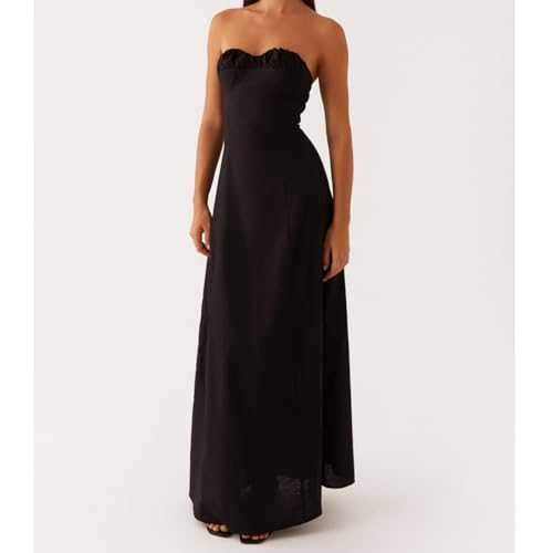 Image of Women Tube Top Maxi Dress 2025 Elegant Sleeveless Strapless Ruched Flowy Summer Long Wedding Party Cocktail Dresses