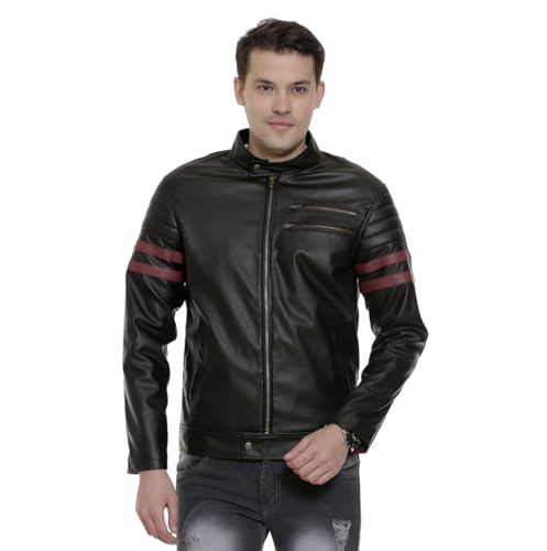 Image of Leather Retail cherry striped Faux Leather Jacket For Man