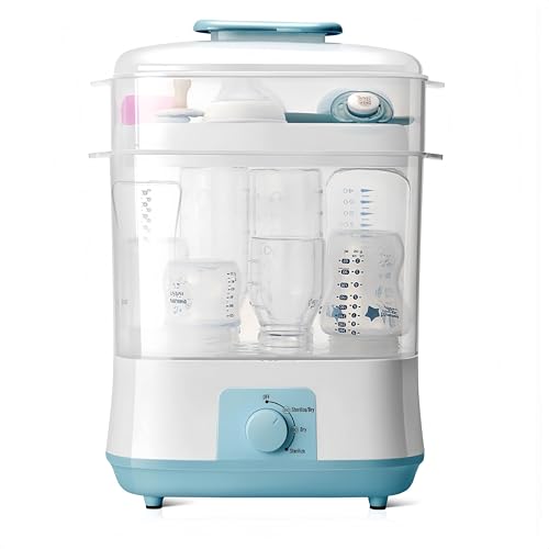GangQiang Baby Bottle Sterilizer with High-Temperature Sterilization Hot Air Drying Multiple Items Capacity 99.9% Disinfection Rate(WHITE-BLUE)
