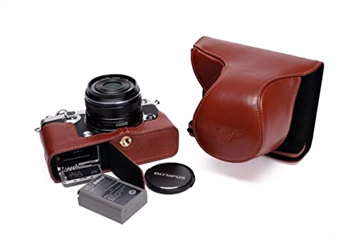Handmade Genuine Real Leather Full Camera Case Bag Cover For Olympus Pen-F Pen F Bottom Open Brown Color #TOP20
