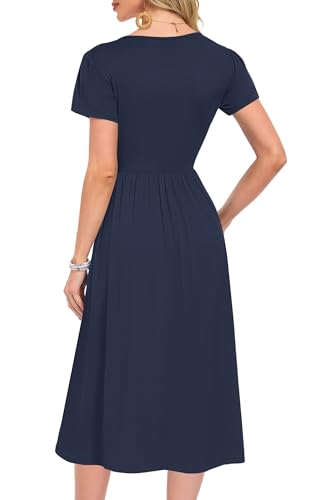 MOLERANI Damen Sommerkleider - Kurzarm Rundhals Midikleid Knielang Freizeitkleider Lose A-Linie Kleider mit Tasche Marineblau 2XL 4
