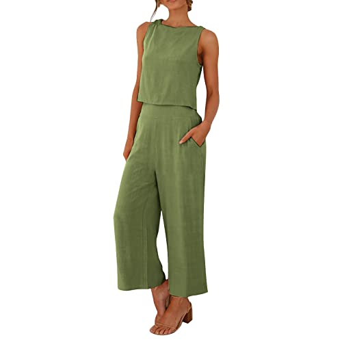 Conjunto genérico para mujer de lino alto sin mangas con botones pantalones anchos 9/10 con bolsillos casual verano, Ejército Verte-b, S