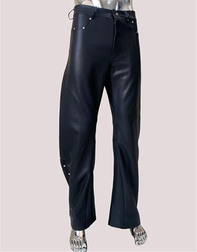 Men's Black Coating Pu Leather Twisted High Waist Rivet Punk Style Rock Fashion Slim Fit Trousers3