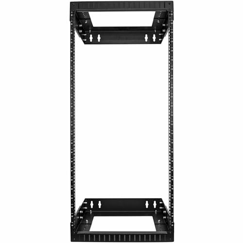 Image of StarTech 24U 2-Post Wall Mount Open Frame Rack, 19in (RACK-24U-20-WALL-OA) | Adjustable depth 12-20in, 2.0mm SPCC cold-rolled steel, M6 cage nuts and screws, Heavy-duty 90kg capacity