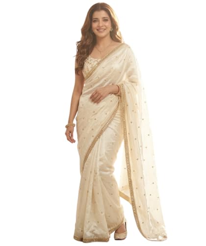Image of ORHANS Women's Chiffon Saree with Unstitched Blouse Piece Solid Pattern and Laced Border | Lightweight Sarees for Woman | Plain Saris Daily Use | Womens Saree Modern Pattern| Stylish Saree