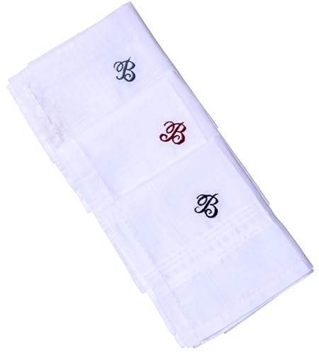 Hell Blues Monogrammed Handkerchief for Men Initial Embroidered~ 3-Pack Assorted 100% Cotton King Size White Hanky Gift (B)