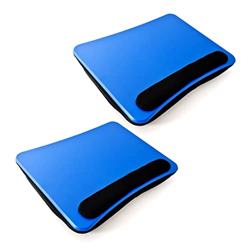 Relaxdays 2 Cojines para Portátil, Relleno Blando, Transportable, Bandeja Ordenador con Reposamanos y Asa, Apoyo Regazo, Azul