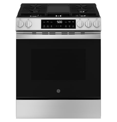 GE 30' Slide-In Front-Control Gas Range, 5.3 Cu. Ft. Oven, 5 Sealed Burners, Crisp Mode & Steam Clean, Stainless Steel – GGS500SVSS