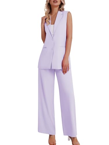 Kelyaa Women’s Suit Set: Elegant Light Purple 2-Piece Outfit with Sleeveless Vest and Wide Leg Pants for X-Large Sizes - Image 4