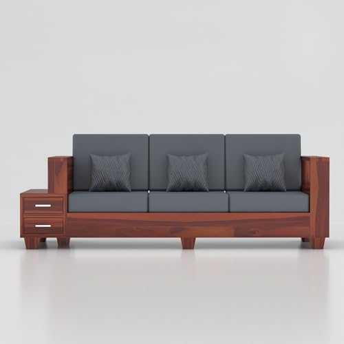 Image of Sheesham Wooden 3 Seater Sofa for Living Room | Solid Wood Sofa with Side Box Storage & Cushion | Rosewood Sofa Set for Home & Office | Lounge (Honey, 3 Seater)