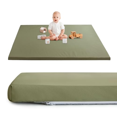 Image of HIGOGOGO Vegan Leather Baby Play Mat, 48 x 48 High-Density Foam Cushioned & Waterproof Playpen Mat, Just Wipe-Clean Crawling Mat for Babyplay on Floor, Green