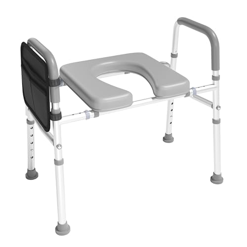 Raised Toilet Seat with Handles - Adjustable Medical Commode Height & Width w/Side Pocket for Elderly, Handicap, and Pregnant Individuals - 350lb Weight Capacity