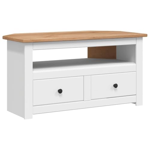 vidaXL Pin Solide Meuble TV d'angle Armoire Basse avec 2 Tiroirs et Un Compartiment Ouvert Meuble Multimédia Salle de Séjour Salon Maison Blanc 93x49x49 cm