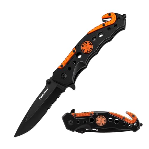 3.34? Folding Pocket Knife Survival Knife, Serrated Blade Tactical Knife, Glass Breaker, Seatbelt Cutter, Pocket Clip, Self Defense knife with Liner Lock, For Hunting Camping Fishing Hiking