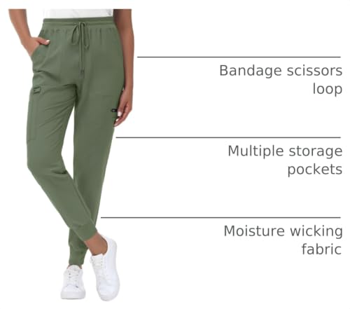 Image of MIVEI High Waisted Jogger Style Scrub Pants for Women - 8 Pockets Medical Bottoms Tapered Yoga Waistband Ribbed Ankle Cuffs