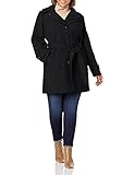 LONDON FOG Women's Double Lapel Thigh Length Button Front Wool Coat with Belt, Black, S