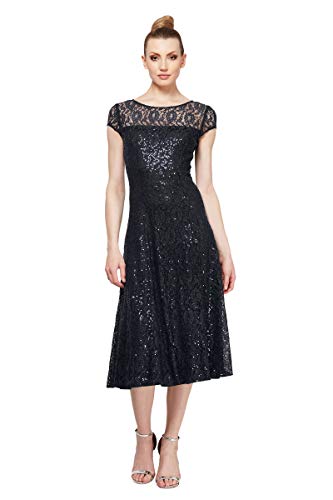 S.L. Fashions Women's Tea Length Cap Sleeve Line Dress, Black Sequin Lace, 14
