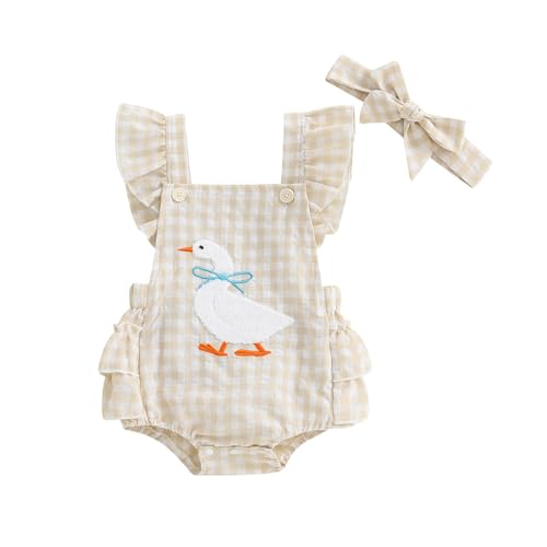 Baby Girl Duck Clothes Newborn Summer Clothes Duck Embroidery Romper Flying Sleeve Plaid Overalls with Headband